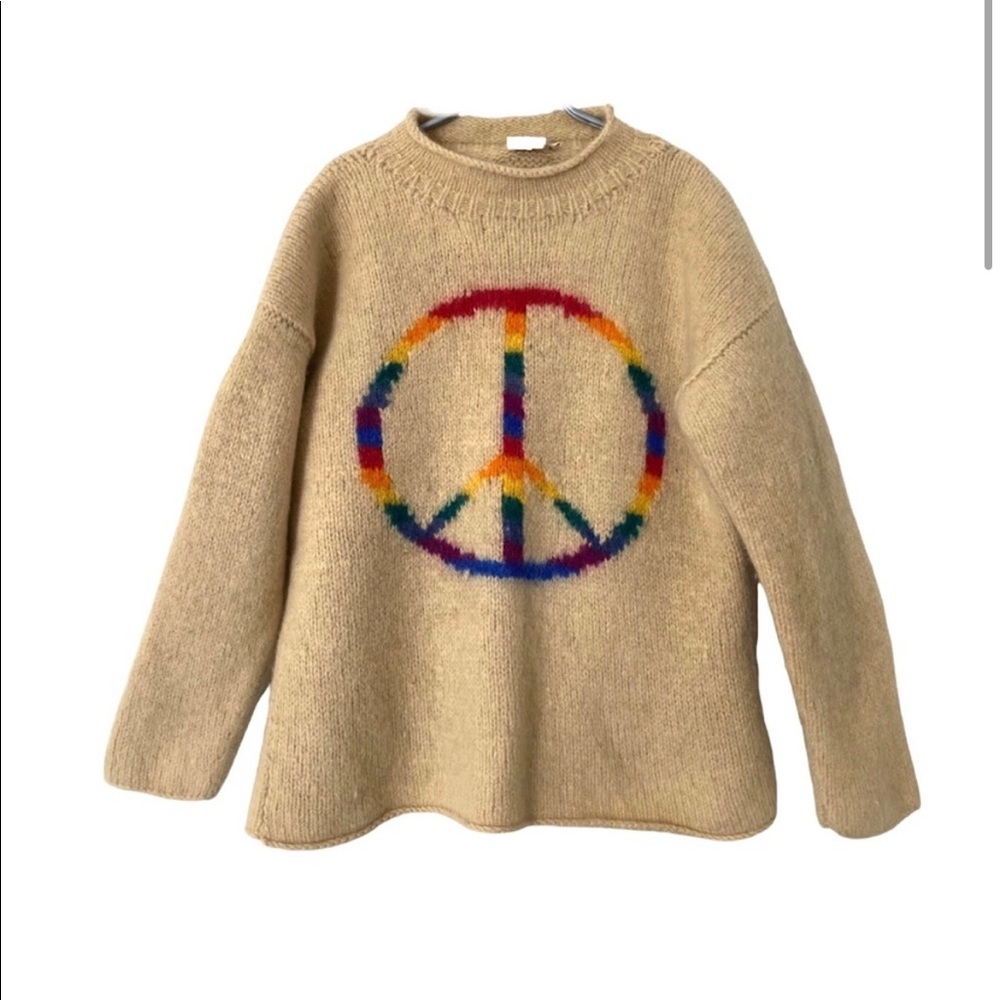 Vintage 90s Peace Sign Oversized Boiled Wool Mock Neck Pullover Sweater Beige L